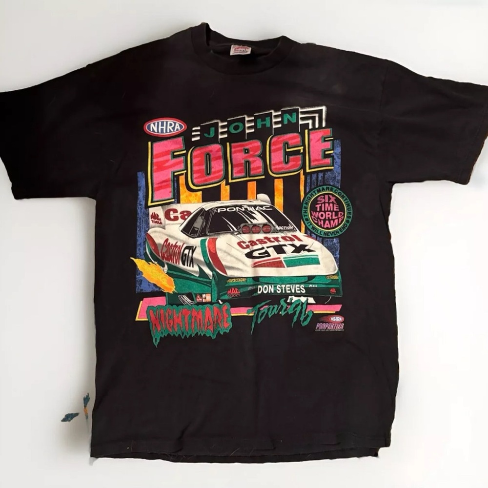 Rare Vintage Double-sided Black John Force Castrol GTX Racing NHRA Tee JERZEES